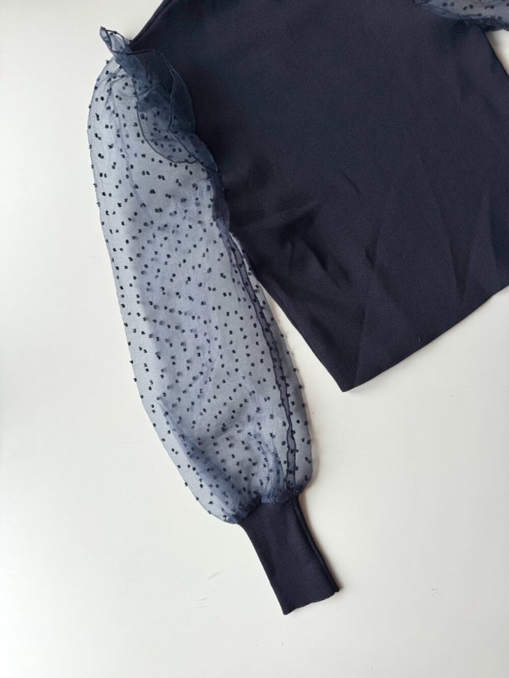 NWT ZARA Navy Blue Ribbed Knit Flocked Dot Organza Puff Sleeve Top, Size S - Picture 11 of 16